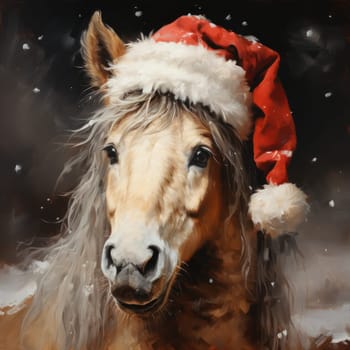 .Beautiful Christmas card with a brown horse in a Santa hat, watercolor style.Generative AI