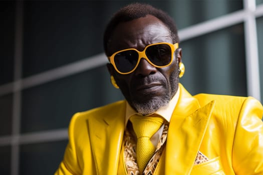 African American man in a stylish yellow suit and sunglasses.Generative AI