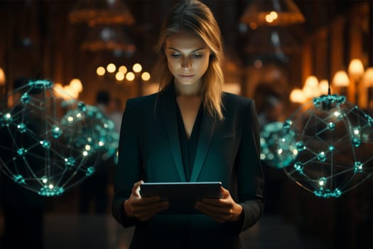 young woman in a suit holding a digital tablet indoors among glass balls. surfing social networks or immersing yourself in reading a book. Generative AI