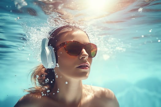 Young woman in sunglasses and headphones underwater. Generative AI