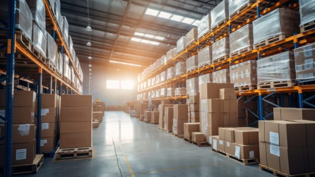 Modern warehouse filled with various boxes, cargo and materials.Generative AI