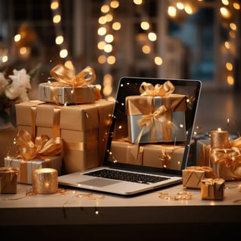 Gifts in the laptop screen. New Year's online stores, the concept of sales and discounts during the New Year holidays,Generative AI