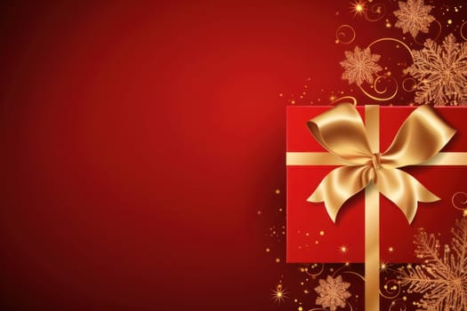 golden elegant Christmas ornament with gift box on red background with copy space.Greeting Christmas card.Generative AI