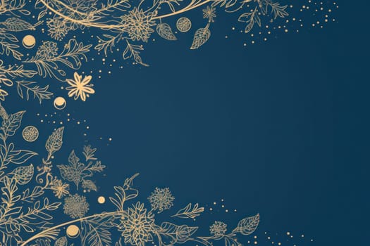 golden elegant Christmas ornament on blue background with copy space.Greeting Christmas card.Generative AI