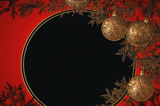 gold and red elegant Christmas ornament on black background with copy space with copy space.Greeting Christmas card.Generative AI