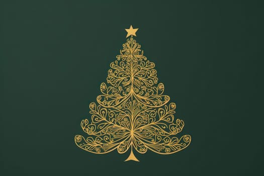 golden elegant Christmas ornament on green background with copy space.Greeting Christmas card.Generative AI