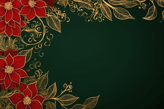 gold and red elegant Christmas ornament on black background with copy space with copy space.Greeting Christmas card.Generative AI