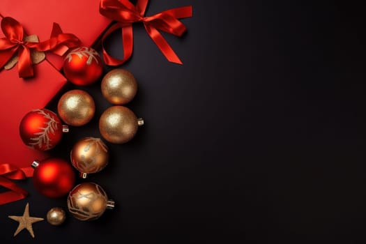 gold and red elegant Christmas ornament on black background with copy space with copy space.Greeting Christmas card.Generative AI
