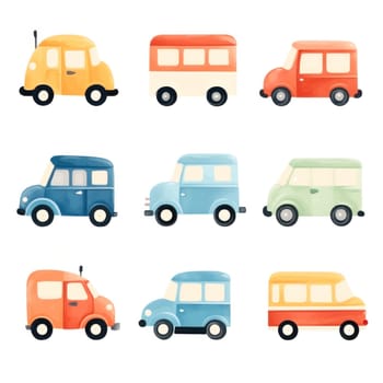 Watercolor set of children's cars on a light background. Generative AI