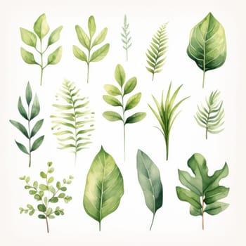 Watercolor tropical floral illustration with green leaves and greenery on white background.Generative AI