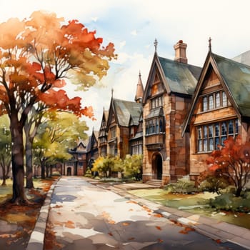 watercolor illustration of houses on a street in autumn in the suburbs.Generative AI