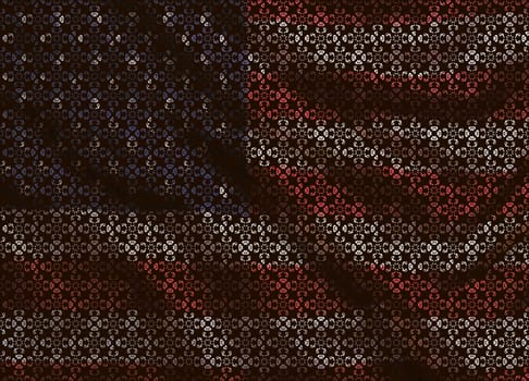 Abstract flower icons are organized into waving American flag mosaic on a dark background. Vector collage of USA state flag is designed of abstract flower items.