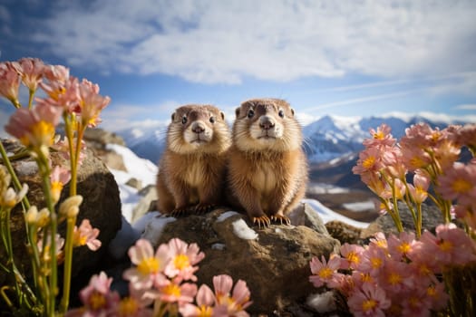 Curious marmots on a meadow with flowers in the mountains, animals in nature, wildlife