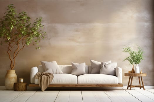 Modern living room with a couch or sofa, a table, plants and wooden floor, minimal lifestyle, empty wall