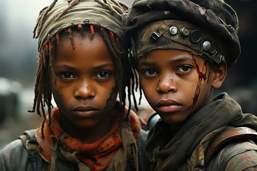 Child soldier, black african boy with dreadlocks, military army clothes, sad faces