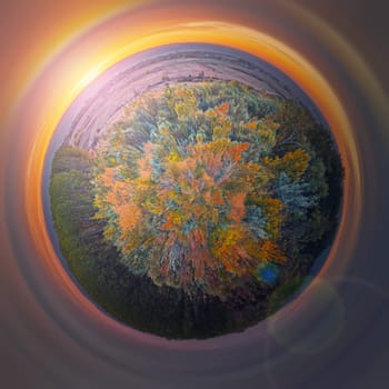 Picturesque autumn planet. Beautiful fall season scenery with colorful trees and sunset