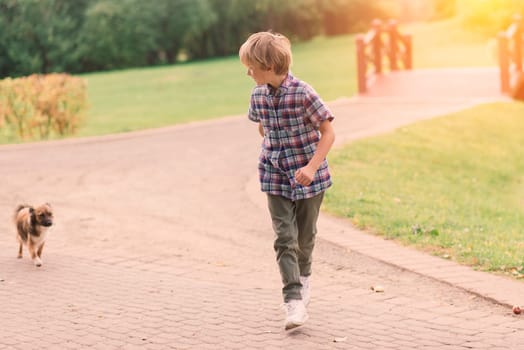 Cute boy playing and walking with his dog in the meadow.