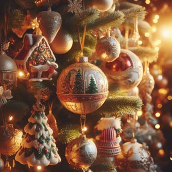 closeup of beautiful tree with lights and ornaments generative ai