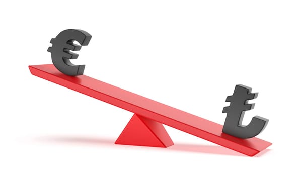 Turkish lira versus Euro on seesaw. Concept image for imbalance between currencies.