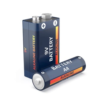 Nine volt and AA size batteries on white background