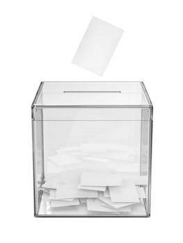 Voting paper and transparent ballot box on white background