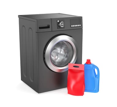 Red washing powder bag and blue liquid detergent bottle in front of black washing machine