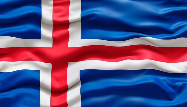 Iceland flag with big folds waving close up under the studio light indoors. The official symbols and colors in fabric banner