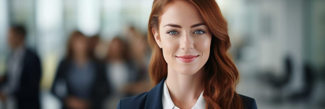 Smiling confident business leader looking at camera and standing in an office at team meeting. Portrait of confident businesswoman with colleagues in boardroom. Posing while holding digital tablet.