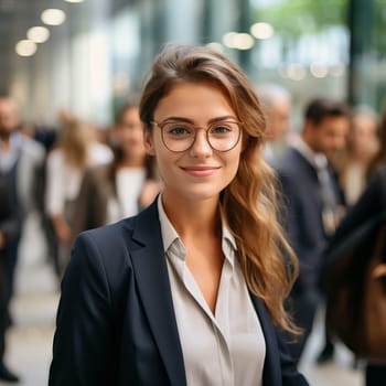 Smiling confident business leader looking at camera and standing in an office at team meeting. Portrait of confident businesswoman with colleagues in boardroom. Posing while holding digital tablet.