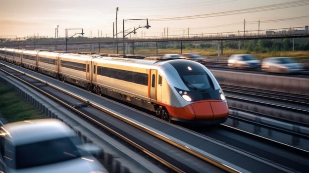 High speed train on the train station at sunset in Vienna, Austria. Beautiful red modern intercity passenger train on the railway platform and buildings. Railroad in Europe. Commercial transportation
