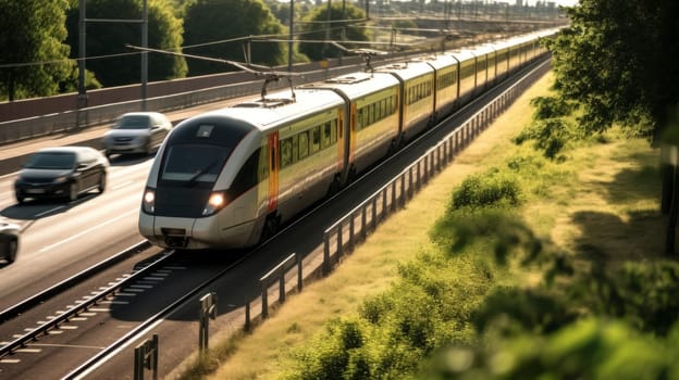 A public transport train in the city overtaking traffic jam. A concept of great transportation system in a modern developed city. Beautiful and clear weather.