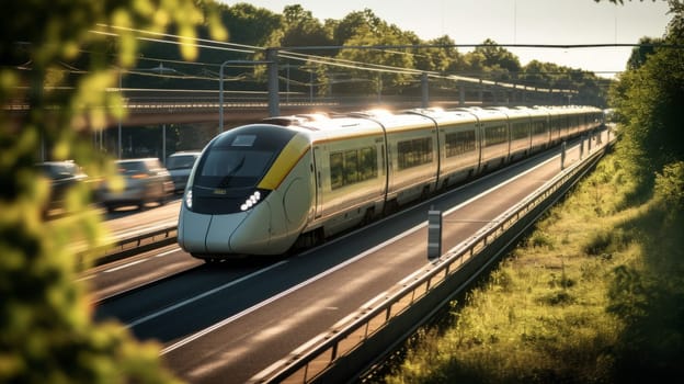 A public transport train in the city overtaking traffic jam. A concept of great transportation system in a modern developed city. Beautiful and clear weather.