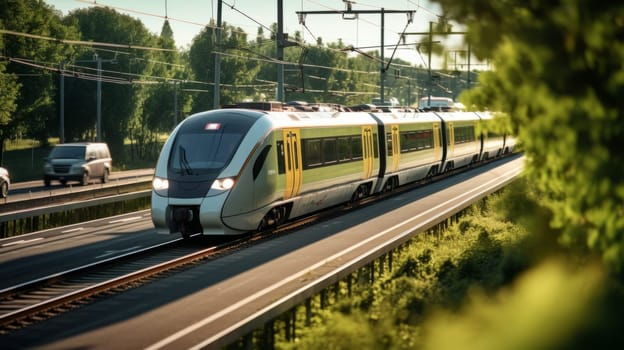 A public transport train in the city overtaking traffic jam. A concept of great transportation system in a modern developed city. Beautiful and clear weather.