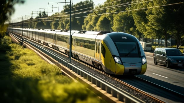 A public transport train in the city overtaking traffic jam. A concept of great transportation system in a modern developed city. Beautiful and clear weather.