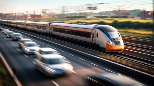 High speed train on the train station at sunset in Vienna, Austria. Beautiful red modern intercity passenger train on the railway platform and buildings. Railroad in Europe. Commercial transportation