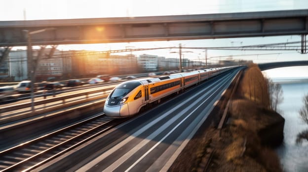High speed fast train passenger in motion at the railway
