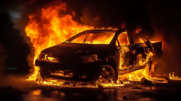 Car on fire. A burning electric vehicle on highway.