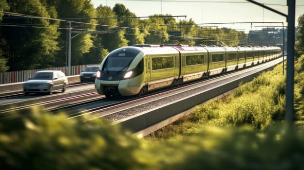 A public transport train in the city overtaking traffic jam. A concept of great transportation system in a modern developed city. Beautiful and clear weather.