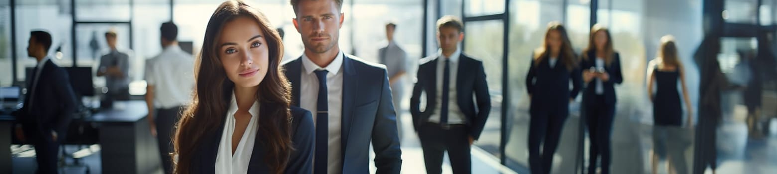 Smiling confident business leader looking at camera and standing in an office at team meeting. Portrait of confident businesswoman with colleagues in boardroom. Posing while holding digital tablet.