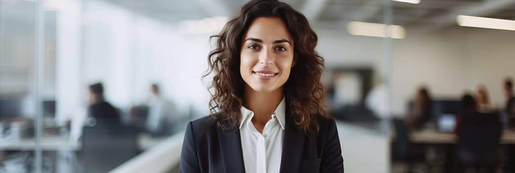 Smiling confident business leader looking at camera and standing in an office at team meeting. Portrait of confident businesswoman with colleagues in boardroom. Posing while holding digital tablet.