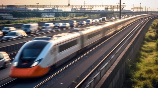 High speed train on the train station at sunset in Vienna, Austria. Beautiful red modern intercity passenger train on the railway platform and buildings. Railroad in Europe. Commercial transportation