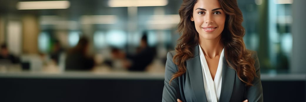 Smiling confident business leader looking at camera and standing in an office at team meeting. Portrait of confident businesswoman with colleagues in boardroom. Posing while holding digital tablet.