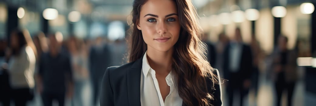 Smiling confident business leader looking at camera and standing in an office at team meeting. Portrait of confident businesswoman with colleagues in boardroom. Posing while holding digital tablet.