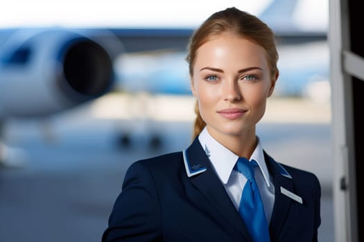 Young and pretty Stewardess with airplane in the background