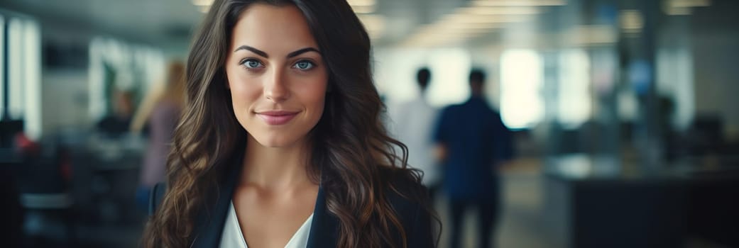 Smiling confident business leader looking at camera and standing in an office at team meeting. Portrait of confident businesswoman with colleagues in boardroom. Posing while holding digital tablet.