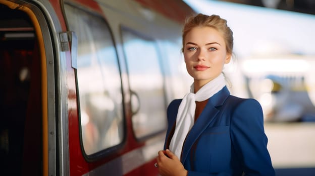 Young and pretty Stewardess with airplane in the background