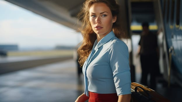 Young and pretty Stewardess with airplane in the background