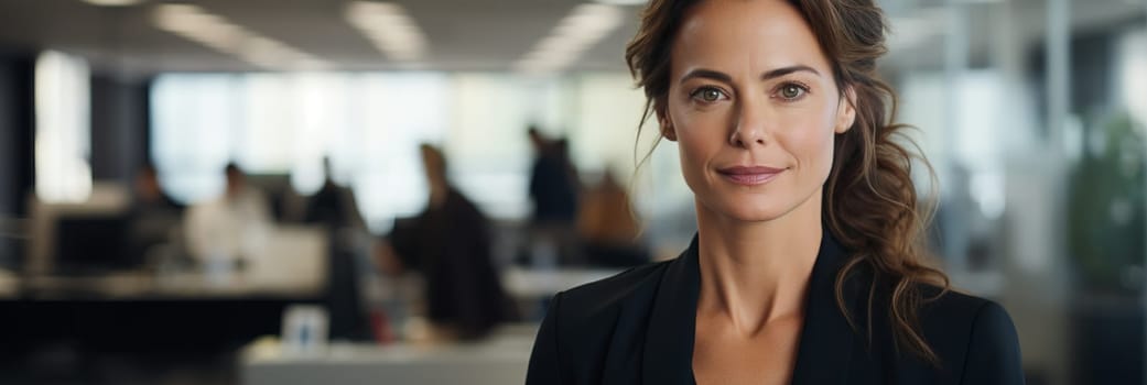 Smiling confident business leader looking at camera and standing in an office at team meeting. Portrait of confident businesswoman with colleagues in boardroom. Posing while holding digital tablet.