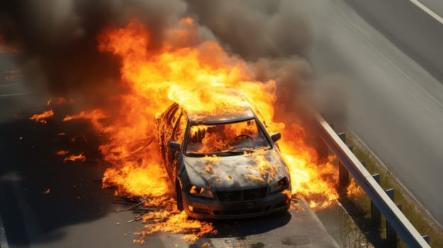 Car on fire. A burning electric vehicle on highway. Aerial View.