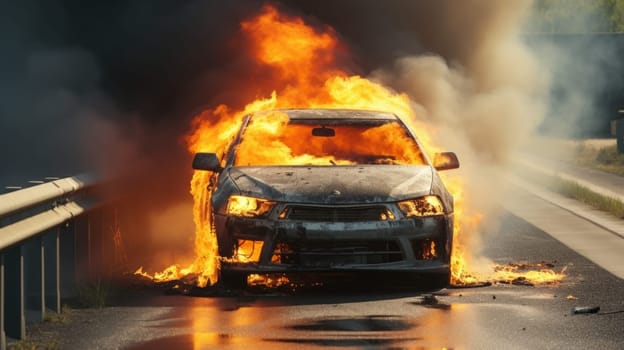 Car on fire. A burning electric vehicle on highway.